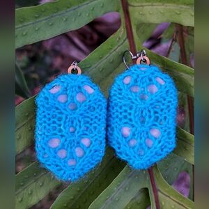 Knit Earrings Blue Hand Dyed Yarn Brown Plant Cotton